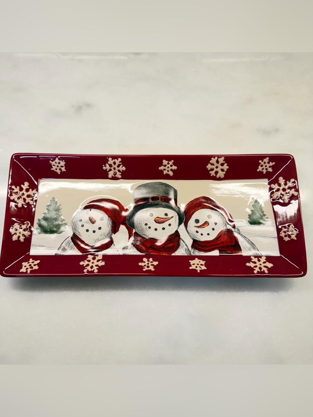 St. Nicholas Square Red Snowmen Ceramic Serving Platter